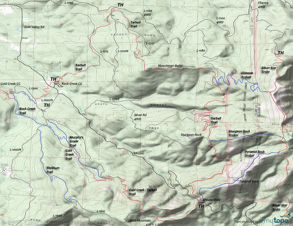 Tarbell Trail,Silver Star,Chinook,Grouse Vista,Pyramid Rock,Sturgeon Rock,Larch Mountain Trails Topo Map