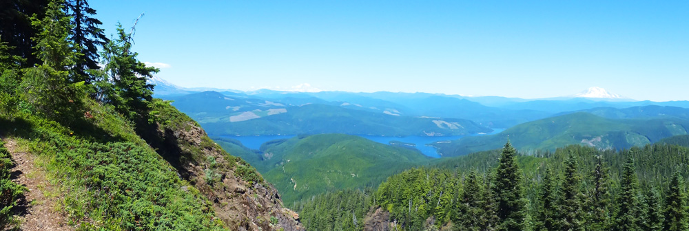 View of Saint Helens, Mount Rainier and Mount Adams from Huffman Peak trail