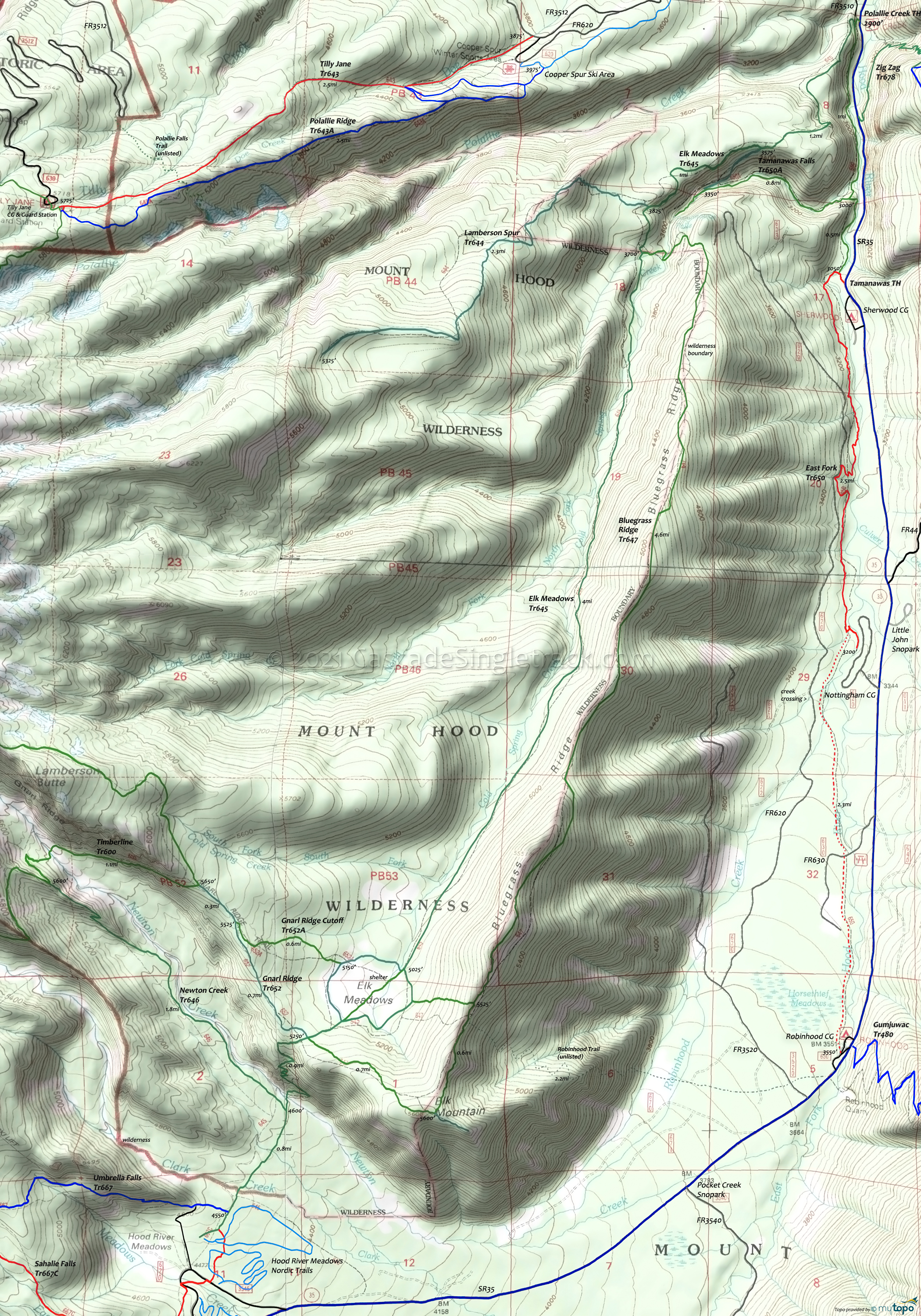 Bluegrass Ridge Trail 647, East Fork Trail 650, Elk Meadows Trail 645, Robinhood Trail 11, Tamanawas Falls Trail 650B Area Topo Map