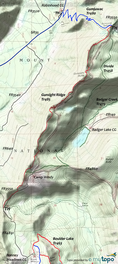 Gunsight Ridge to Gumjuwac Trail #485 Topo Map