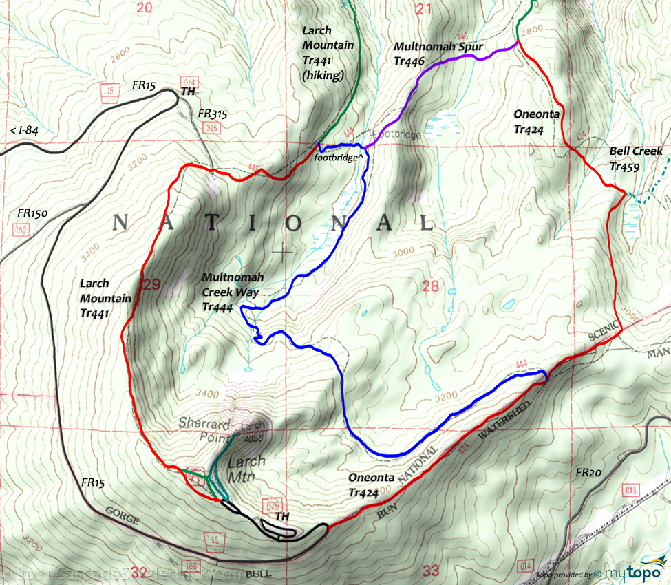 Larch Mountain, Oneonta, Multnomah Creek Way Trail #441 Topo Map