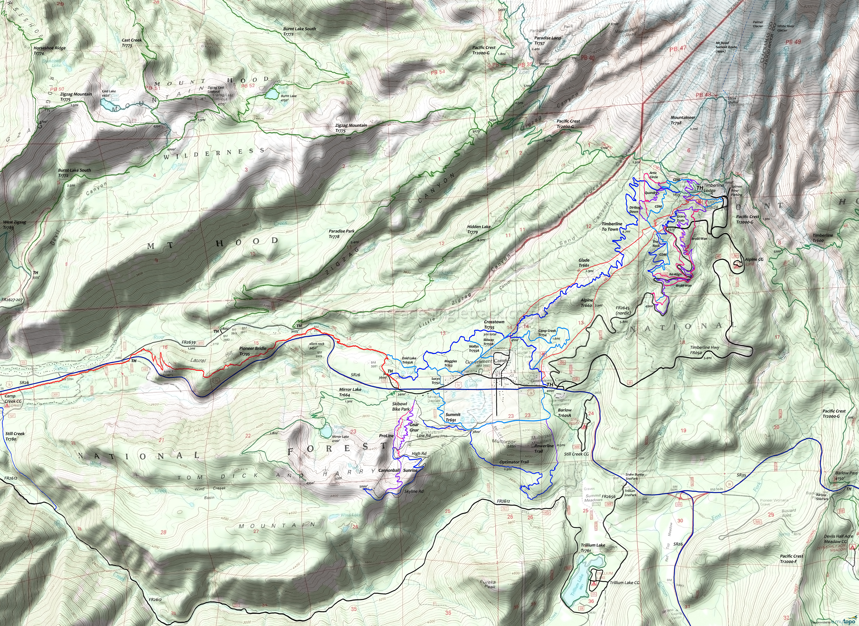 Alpine Trail 660, Crosstown Trail 755, Glade Trail 661, Mt Hood Summit Route, Pacific Crest Trail 2000-G, Timberline Trail 600 Area Topo Map