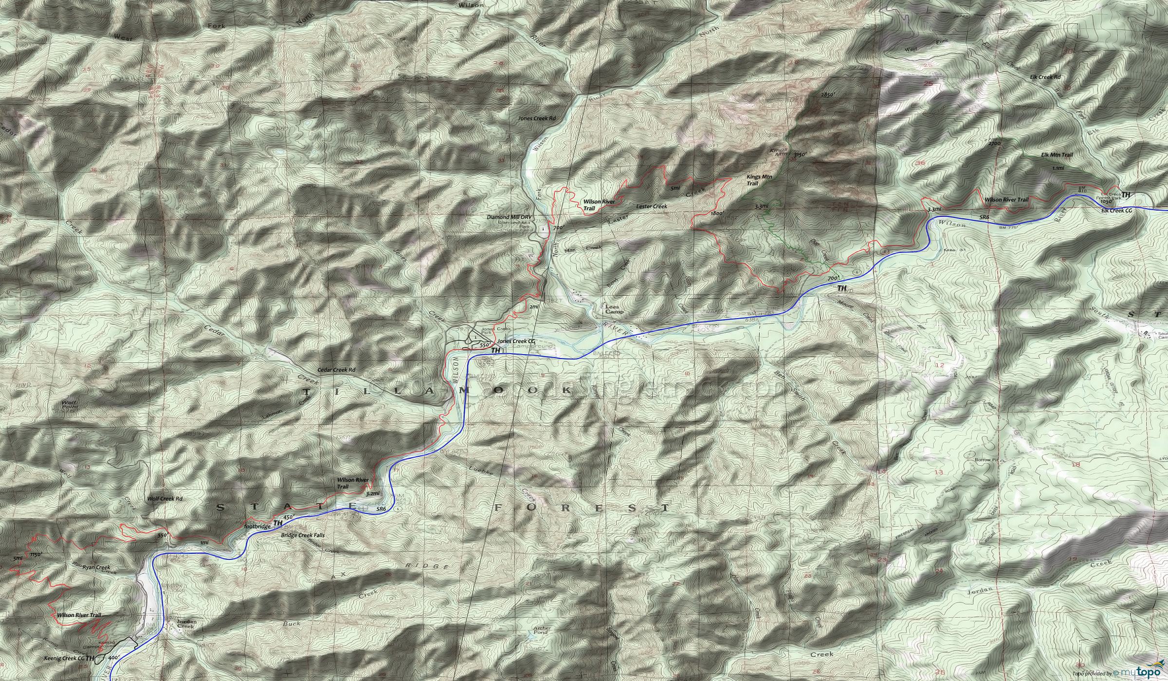 Wilson River Trail, Kings Mountain Trail, Elk Mountain Trail Area Topo Map