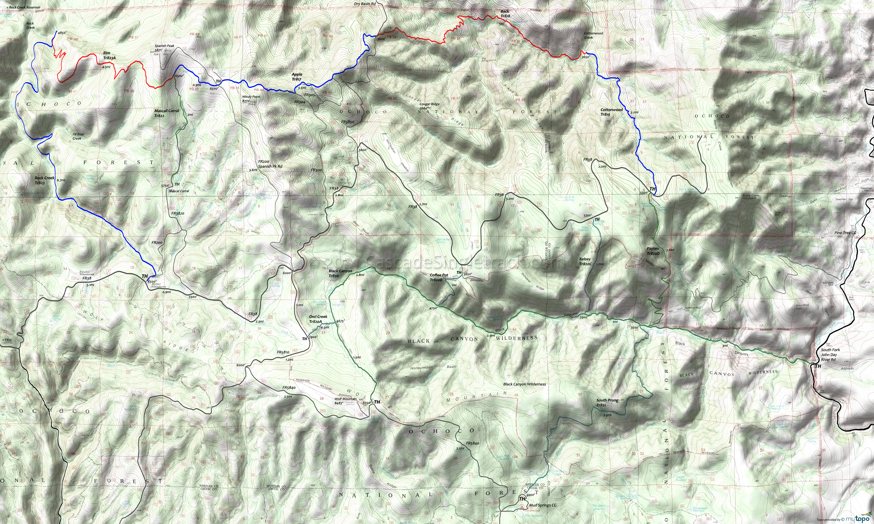 Ochoco Mountain, Black Canyon Trails Area Topo Map
