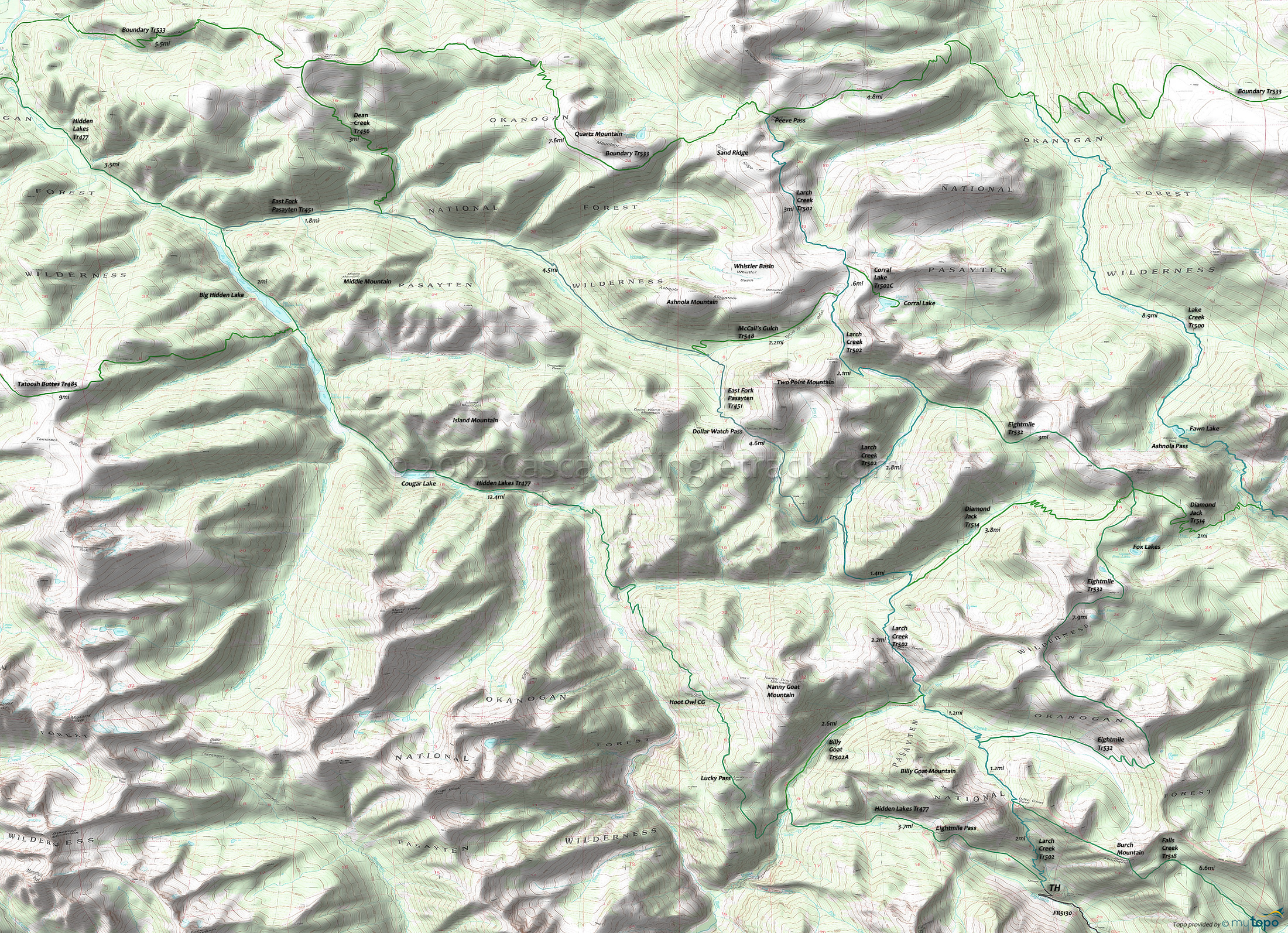 Boundary Trail 533, Diamond Jack Trail 514, Eightmile Trail 532, Hidden Lakes Trail 477, Lake Creek Trail 500, Larch Creek Trail 502, East Fork Pasayten Trail 451, Tatoosh Buttes Trail 485 Area Topo Map