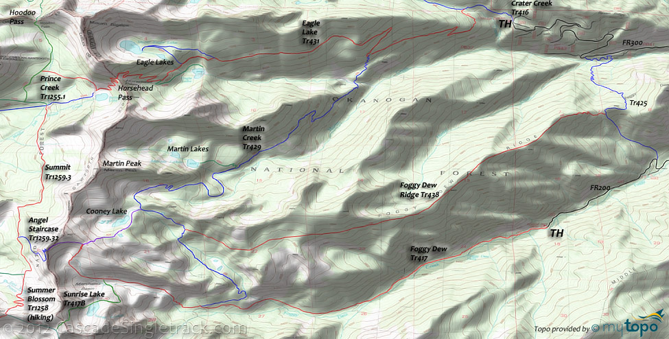 Foggy Dew Trail #417, Martin Creek, Sunrise Lake, Angel Staircase, Eagle Lake, Summit Trail Topo Map