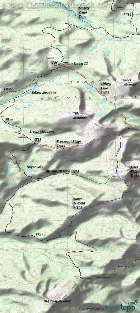 Freezeout Ridge, Bernhardt Mine, North Summit, Tiffany Lake Trail 373 Topo Map