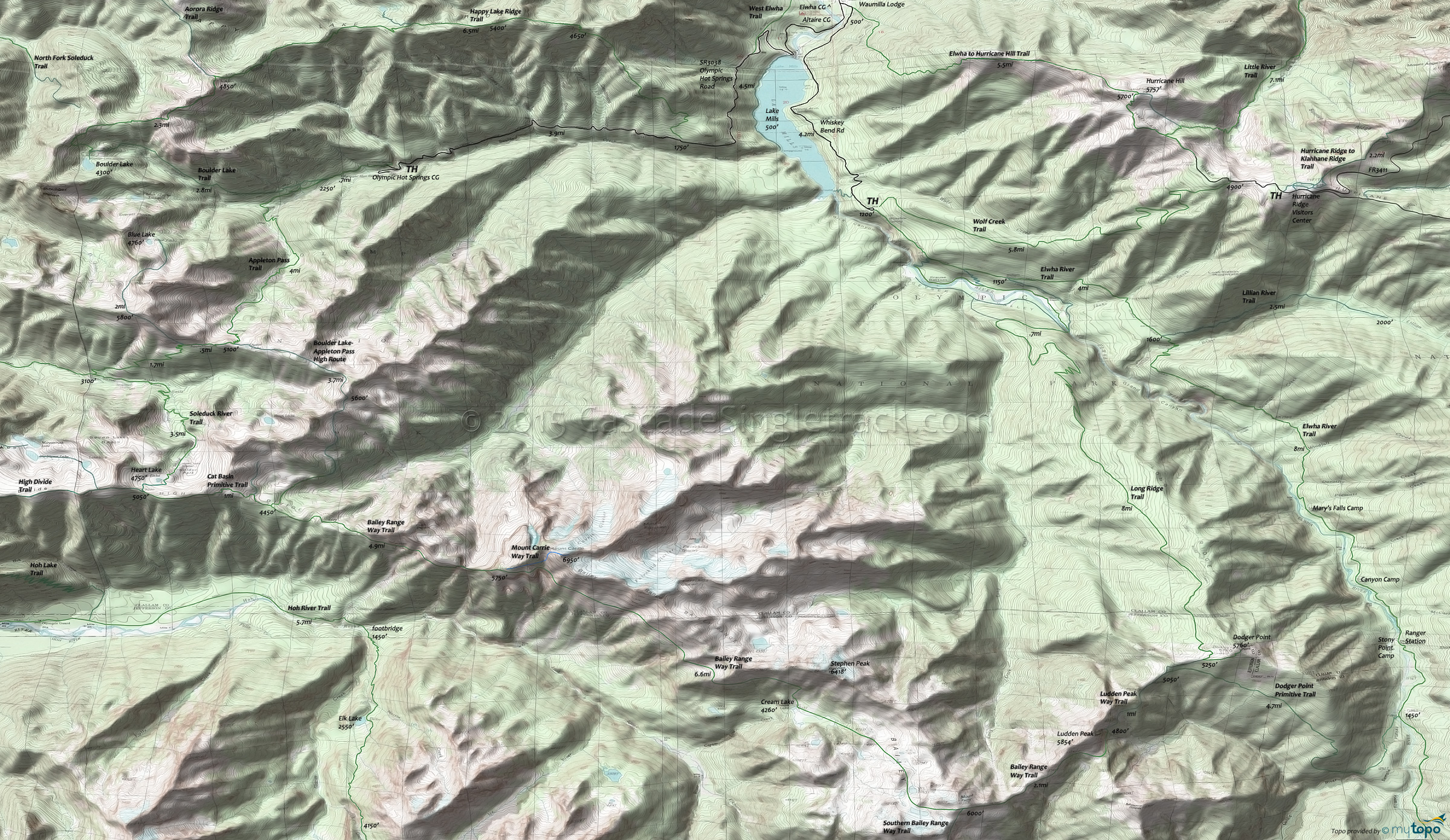 Appleton Pass Trail, Bailey Range Way Trail, Boulder Lake Trail, Happy Lake Ridge Trail, Long Ridge Trail, Ludden Peak Way Trail, Wolf Creek Trail Area Topo Map
