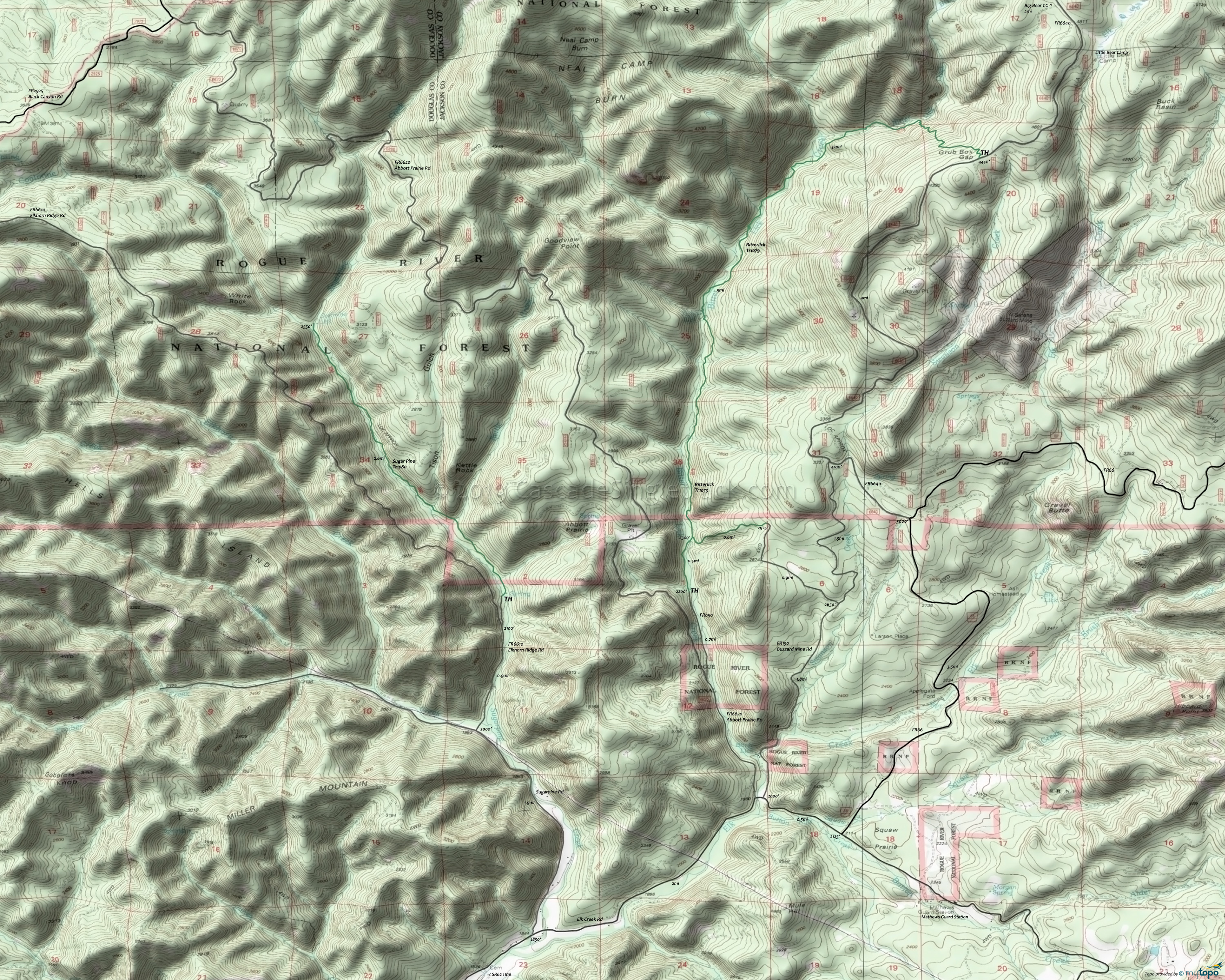 Bitterlick and Sugar Pine Trails Area Topo Map