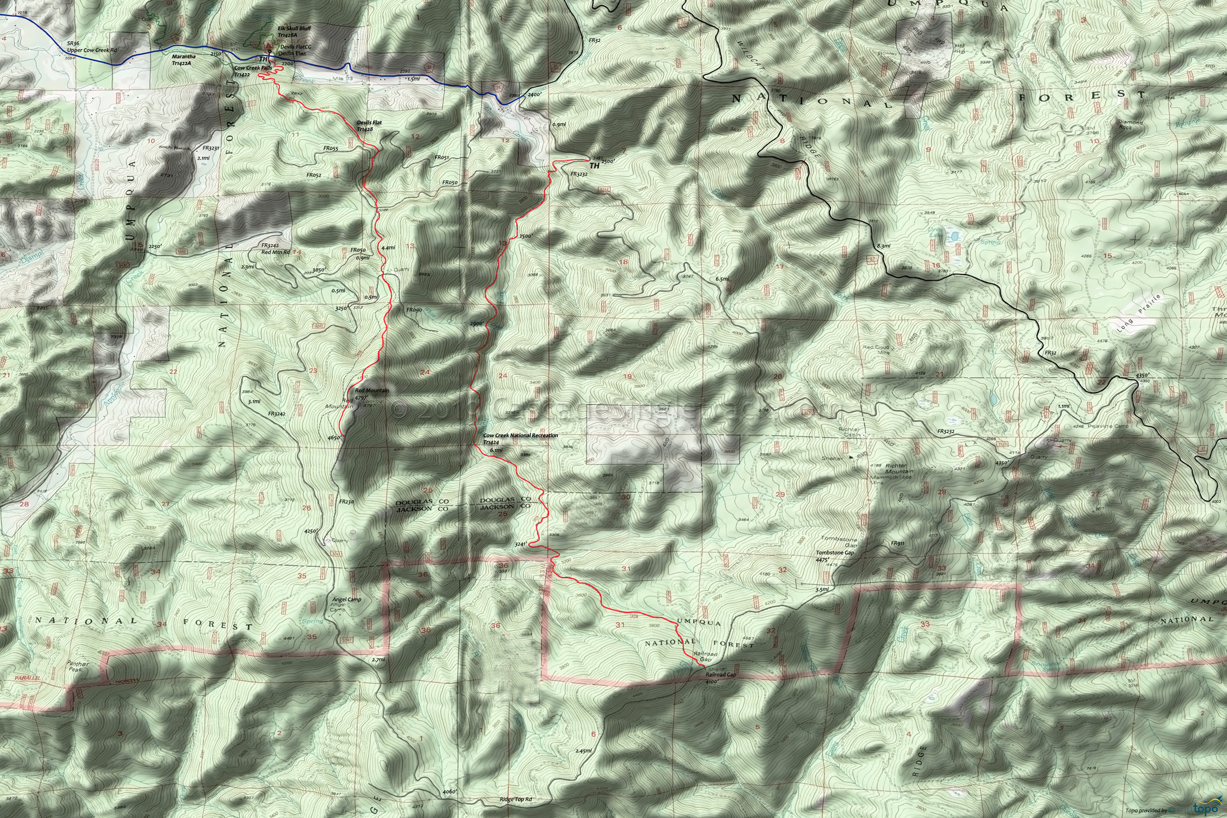 Devils Flat and Cow Creek Trails Area Topo Map