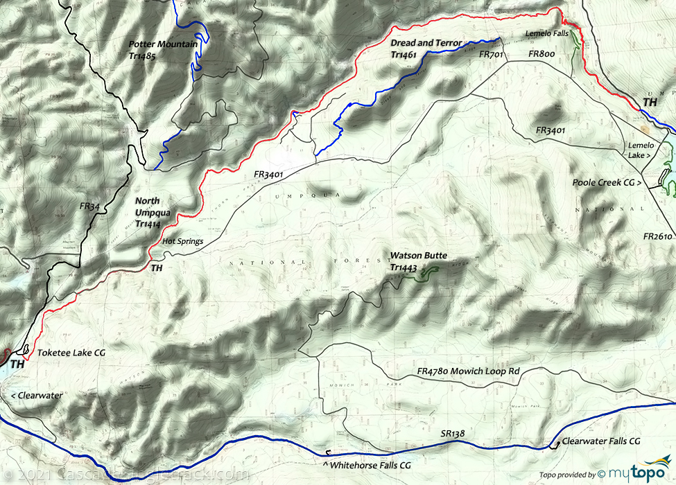 North Umpqua River Trail: Dread and Terror Trail #1414 Topo Map