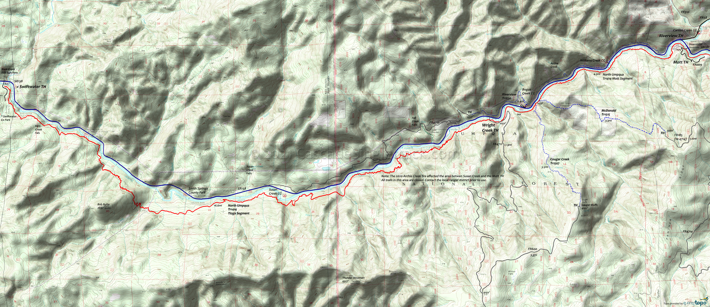 Cougar Creek Trail 1507, McDonald Trail 1515, Riverview Trail 1530, North Umpqua Trail 1414 Trails Area Topo Map