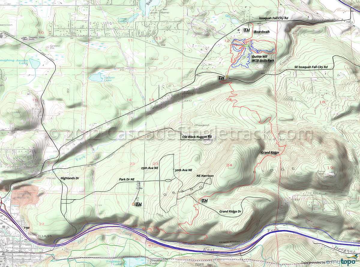 Duthie Hill Trails: Boardwalk Trail, Bootcamp Trail, Braveheart Trail, Grand Ridge Trail, Movin On Trail, Ryan's Eternal Flow Trail, Step it Up Trail Area Topo Map