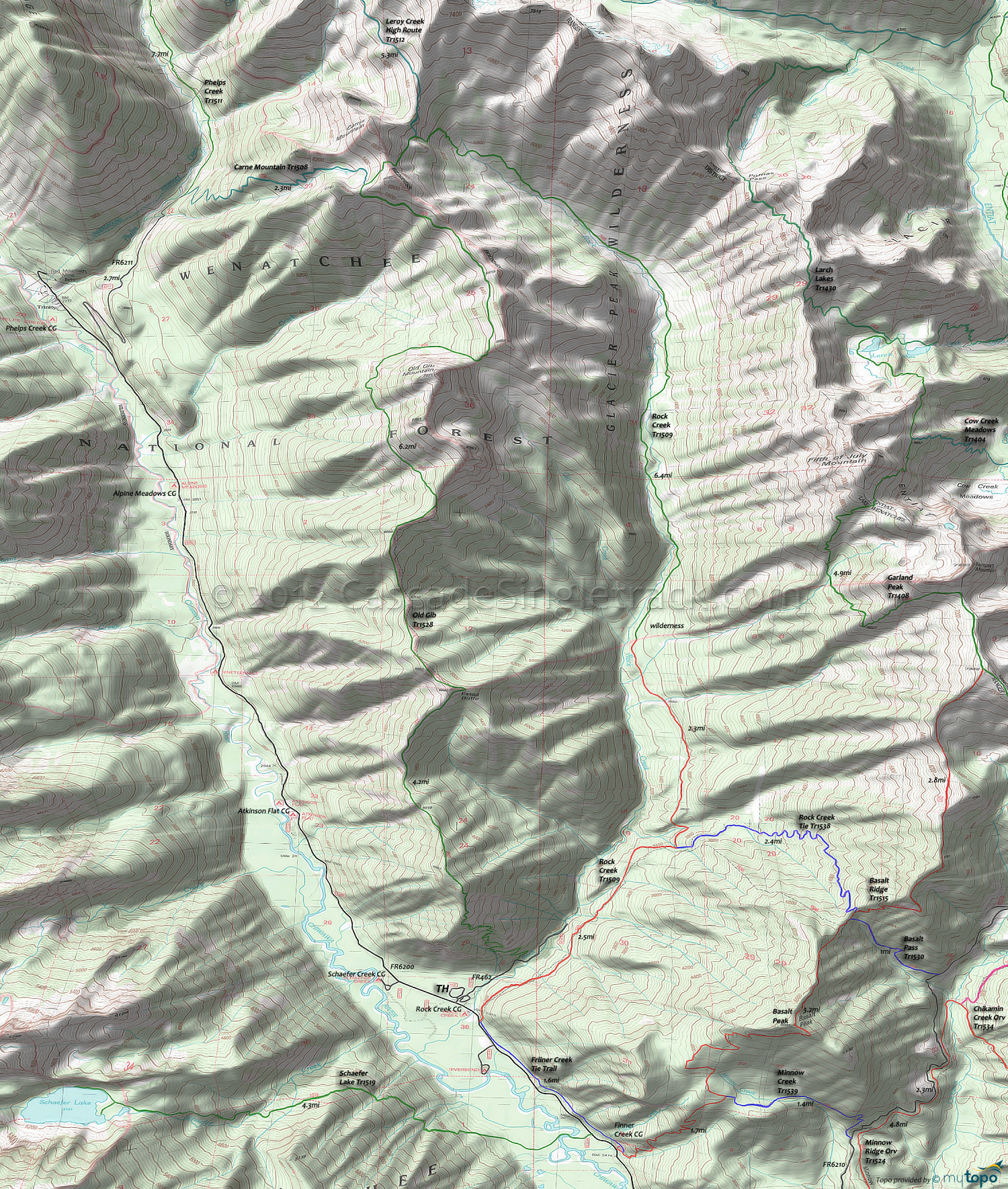 Carne Mountain Trail 1508, Garland Peak Trail 1408, Old Gib Trail 1528, Rock Creek Trail 1509, Schaefer Lake Trail 1519 Area Topo Map