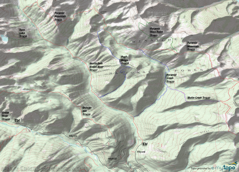 Pyramid Mountain, Pugh Ridge, Pyramid Creek, Fern Lake, Butte Creek, North Fork Entiat River Trail 1437 Topo Map