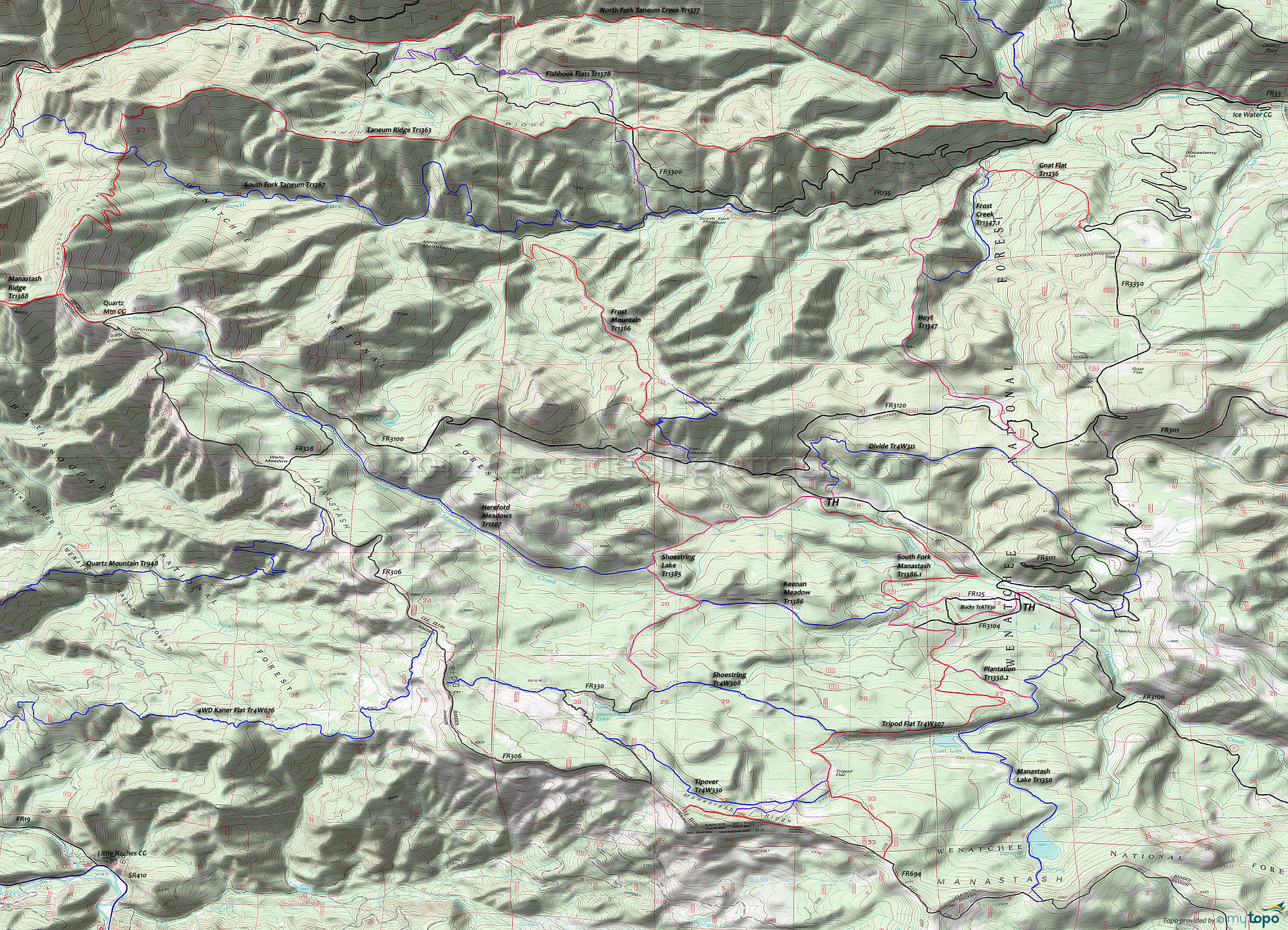 Frost Creek Trail 1347.1, Frost Mountain Trail 1366, Gnat Flat Trail 1236, Hereford Meadows Trail 1207, Hoyt Trail 1347, Keenan Meadow Trail 1386, Manastash Lake Trail 1350, Rocky Saddle Trail 1384, Shoestring Lake Trail 1385, South Fork Manastash Trail 1386.1 Area Topo Map
