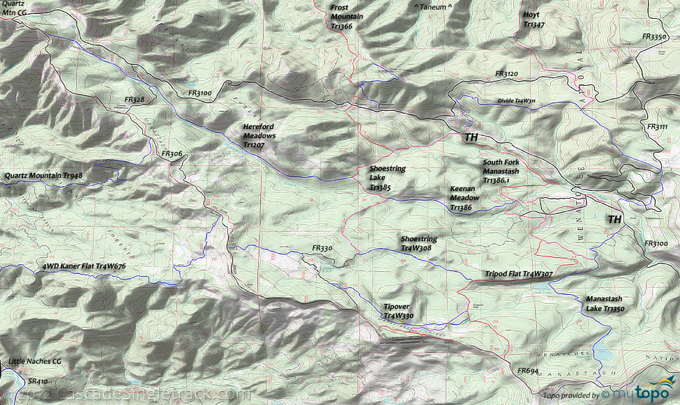 Hereford Meadows,Keenan Meadows,South Fork Manastash Creek,Manastash Lake,Shoestring Lake,Divide Trails Topo Map