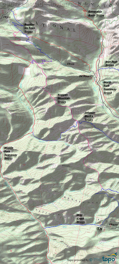 Middle Fork Teanaway,Way Creek,Johnson Medra,De Roux Spur,Koppen Mountain Trail #1225 Topo Map