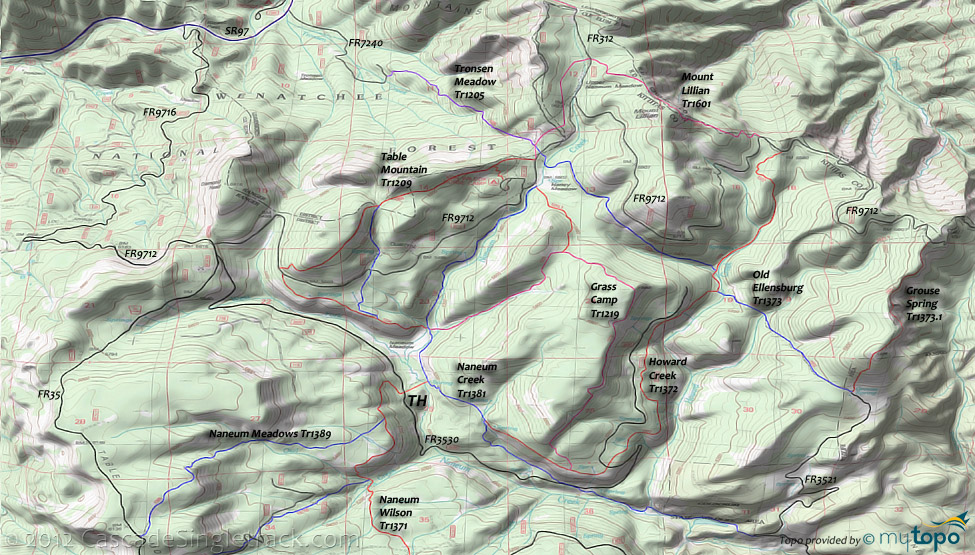 Naneum Creek, Howard Creek, Grass Camp, Table Mountain, Mount Lillian, Tronsen Meadow, Old Ellensburg Trails Topo Map