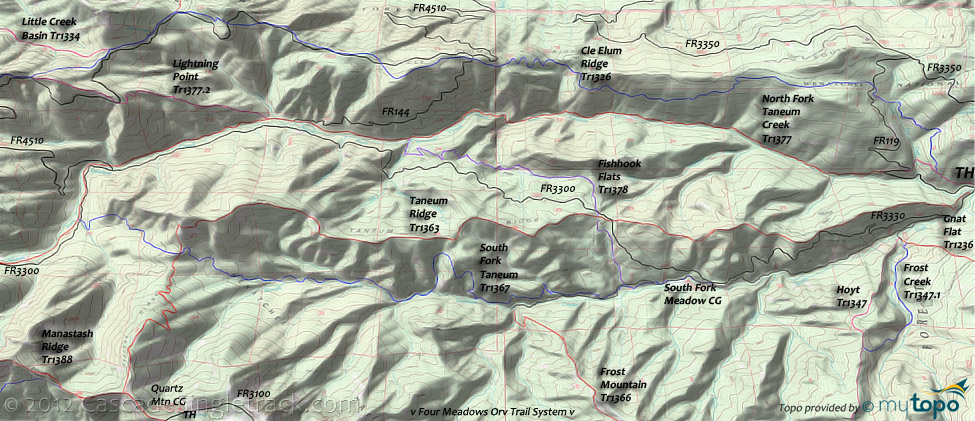 Taneum Ridge, Taneum Creek,Fishhook Flats,Cle Elum Ridge,Hoyt,Frost Mountain,Lightning Point Trails Topo Map