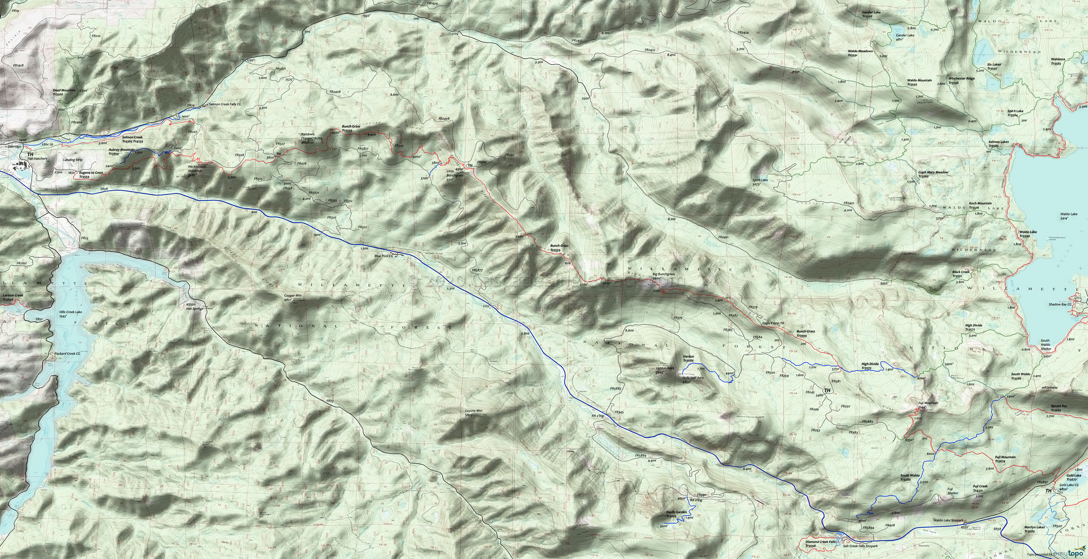 Bunch Grass Trail, Fuji Mountain Trail, High Divide Trail, Mount Ray Trail, South Waldo Lake Trail, Verdun Trail Area Topo Map