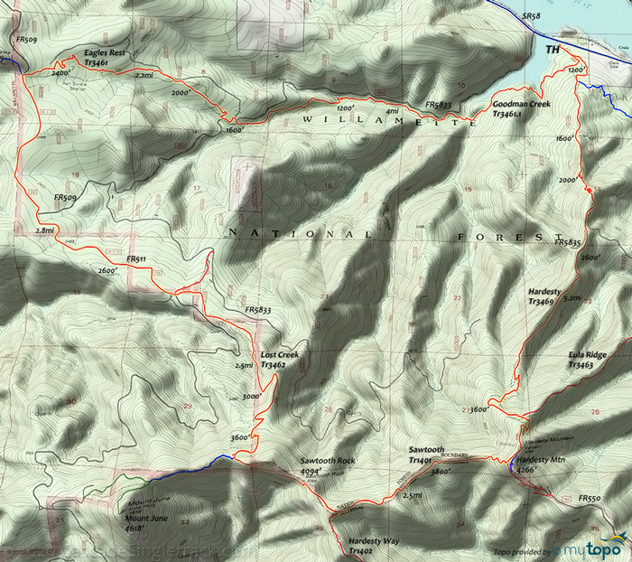 View of Goodman Creek, Eagles Rest, FR511, Lost Creek, Sawtooth, Hardesty CCW Loop Topo Map