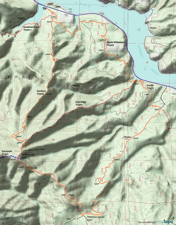 View of South Willamette, Lawler, FR5280, FR550, Sawtooth to Hardesty CW Loop Topo Map