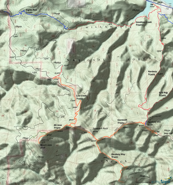 View of Lost-Creek, Mount June, Hardesty Way, Sawtooth OAB Topo Map