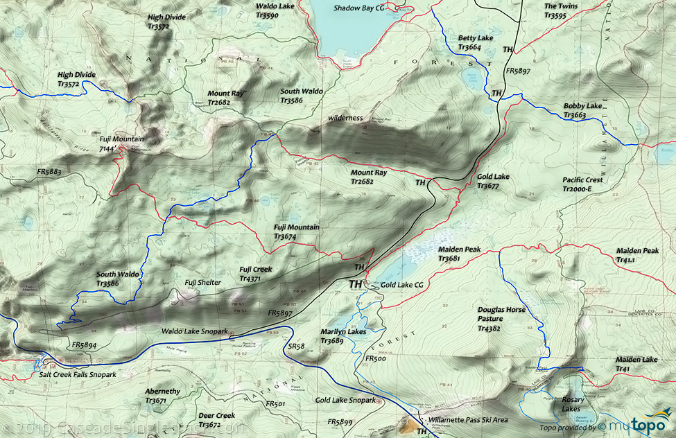 Fuji Mountain, Mount Ray, Gold Lake, Maiden Peak, South Waldo Trail #3586 Topo Map